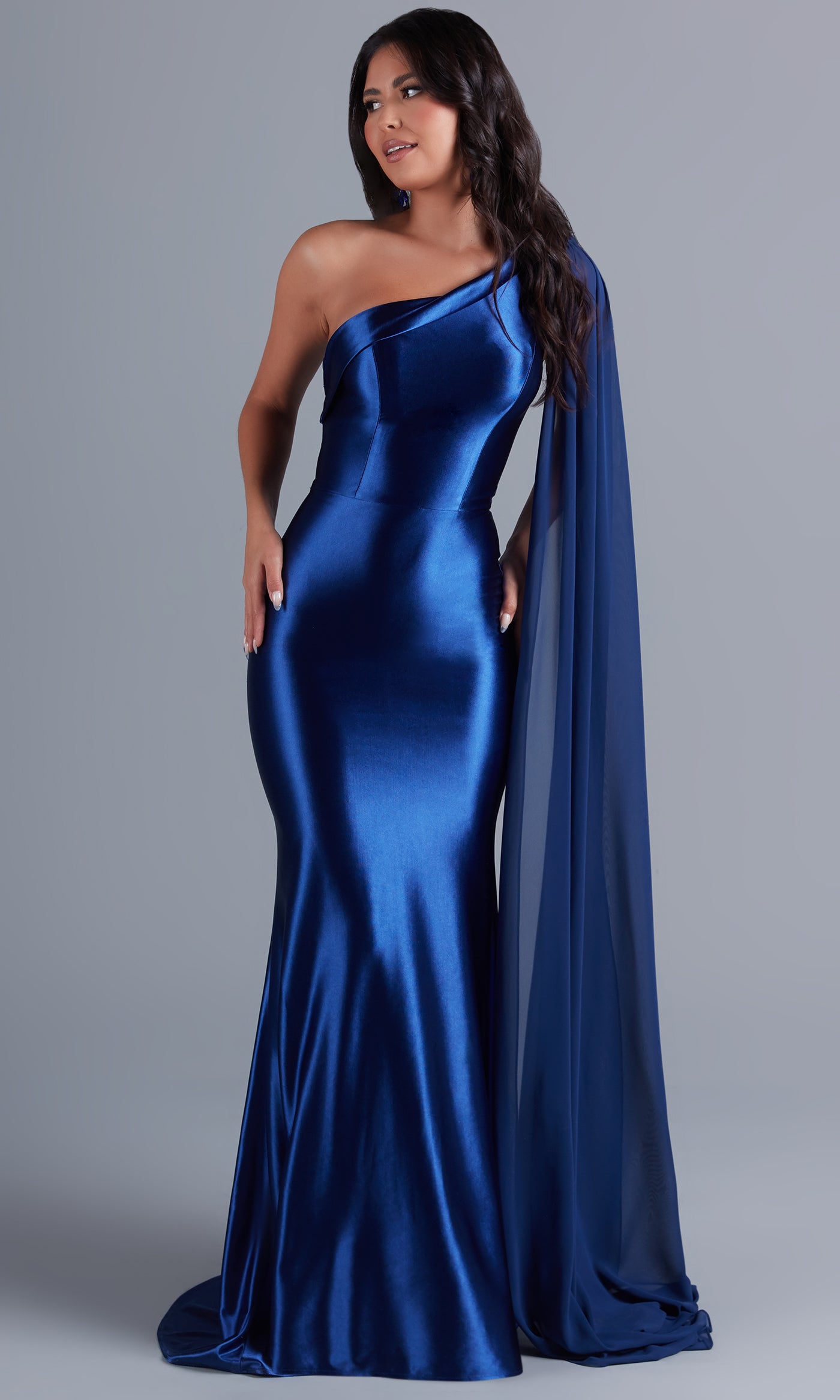 One-Shoulder Long Prom Dress with Cape - PromGirl