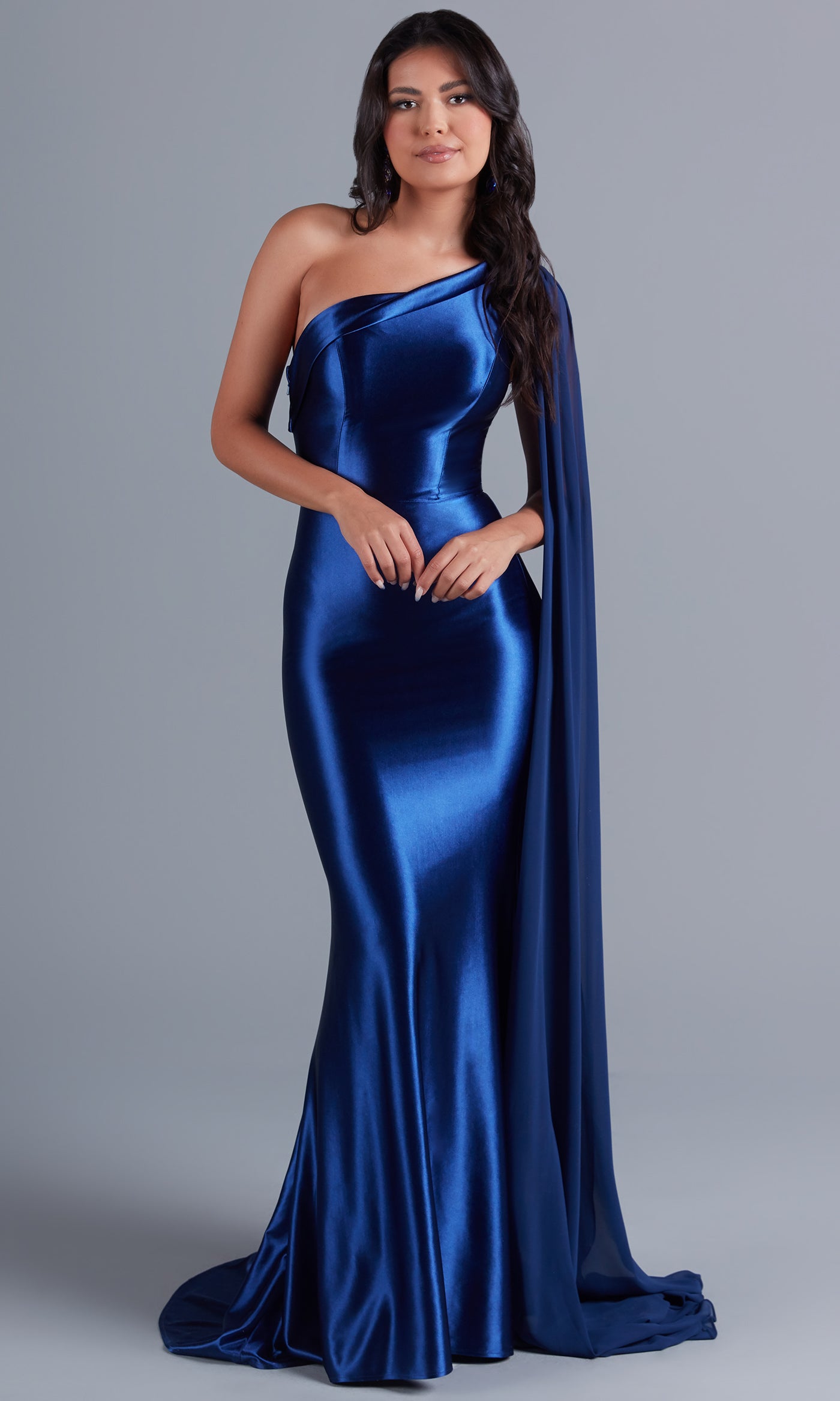 Cape Js Prom Side One-Shoulder Long Prom Dress with Cape - PromGirl