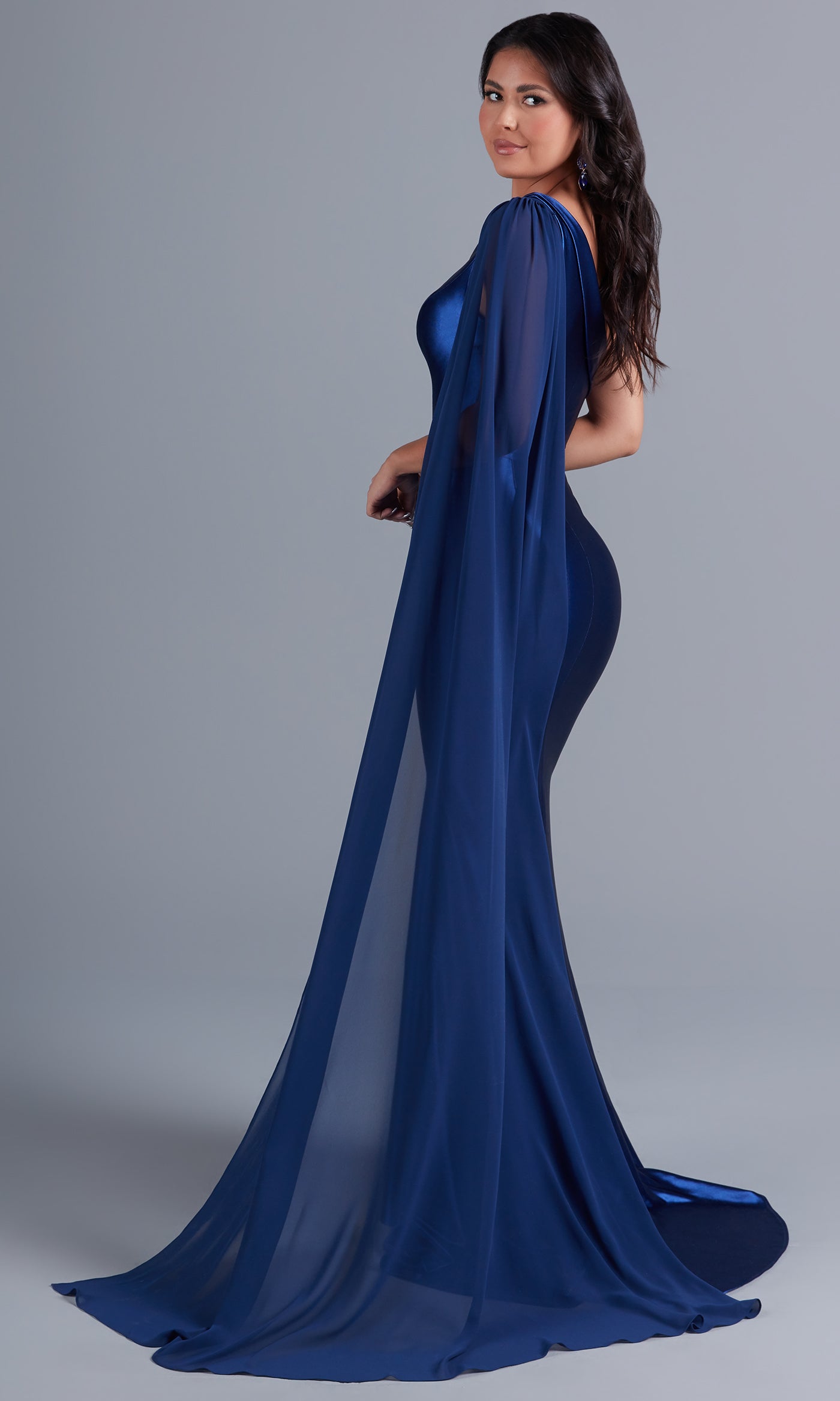 One-Shoulder Long Prom Dress with Cape - PromGirl