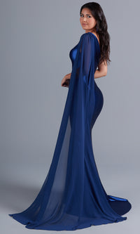 PromGirl One-Shoulder Long Prom Dress with Cape