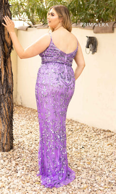 A woman stands outdoors on gravel, facing away from the camera in the Plus-Size Long Sequin Formal Dress 14001, a sleeveless lavender gown, with one hand resting on a tree.