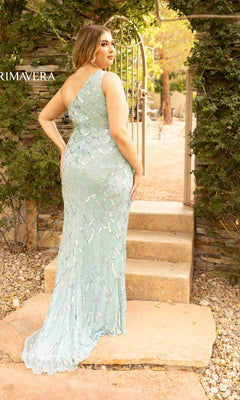 A woman in the One-Shoulder Sequin Plus-Size Prom Dress 14002 stands outdoors on stone steps, facing away from the camera near a garden gate.