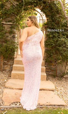 A woman in a pale pink One-Shoulder Long Sequin Plus-Size Prom Dress stands on stone steps before a vine-covered archway, with "PRIMAVERA" shown on the right.