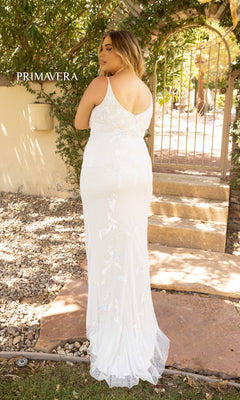 A woman wearing the Plus-Size Long Sequin Prom Dress 14005 stands outdoors on stone steps, facing away, with greenery, a gate, and "PRIMAVERA" visible in the background.