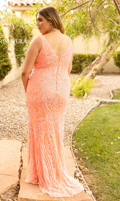 A woman in the Sleek Plus-Size Sequin-Print Long Prom Dress 14008, a peach sleeveless gown with intricate patterns, stands on a stone garden path facing away from the camera.