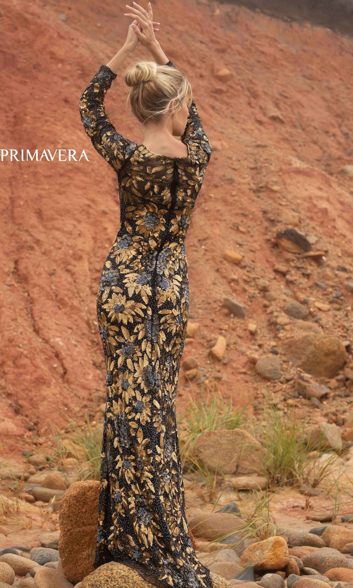 Long-Sleeve Floral-Beaded Long Formal Dress