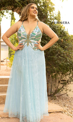Outdoors, a woman wears the Plus Size Butterfly Prom Dress 14011 by Primavera, a light blue, floor-length gown featuring a butterfly bodice and sequin details. Stone steps and greenery provide an elegant backdrop for this stunning prom look.