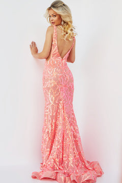 A woman wearing a floor-length, sleeveless Jovani Sequin Prom Dress with a plunging neckline and low back in peach, standing against a white background.
