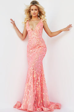 Woman wearing a fitted, floor-length Jovani Sequin Prom Dress with plunging neckline, sleeveless design, and sequin floral patterns, standing against a plain white background.