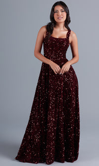 PromGirl Burgundy Red Sequin-Velvet Prom Dress