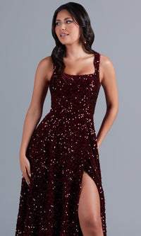 PromGirl Burgundy Red Sequin-Velvet Prom Dress