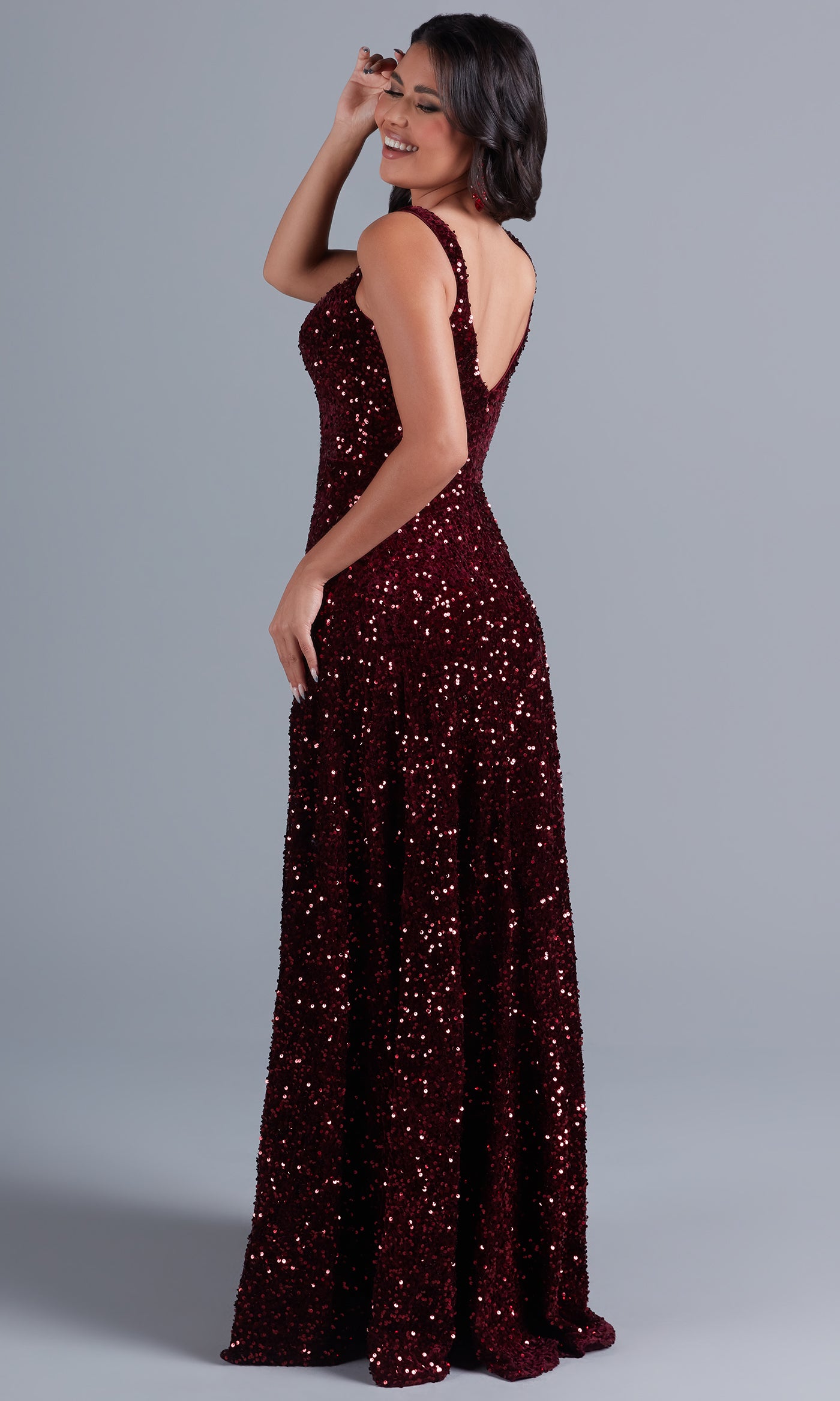 PromGirl Burgundy Red Sequin-Velvet Prom Dress