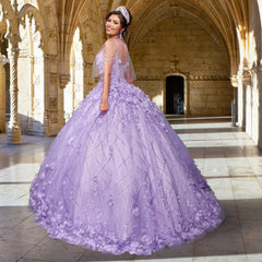 A woman in the Quinceañera Sample Dress QF105 and a tiara stands in an arched stone hallway, looking over her shoulder with a smile.