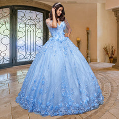 A woman stands indoors near ornate double doors and decorative columns, wearing the Quinceañera Sample Dress QF105—a light blue cold-shoulder gown with floral details.