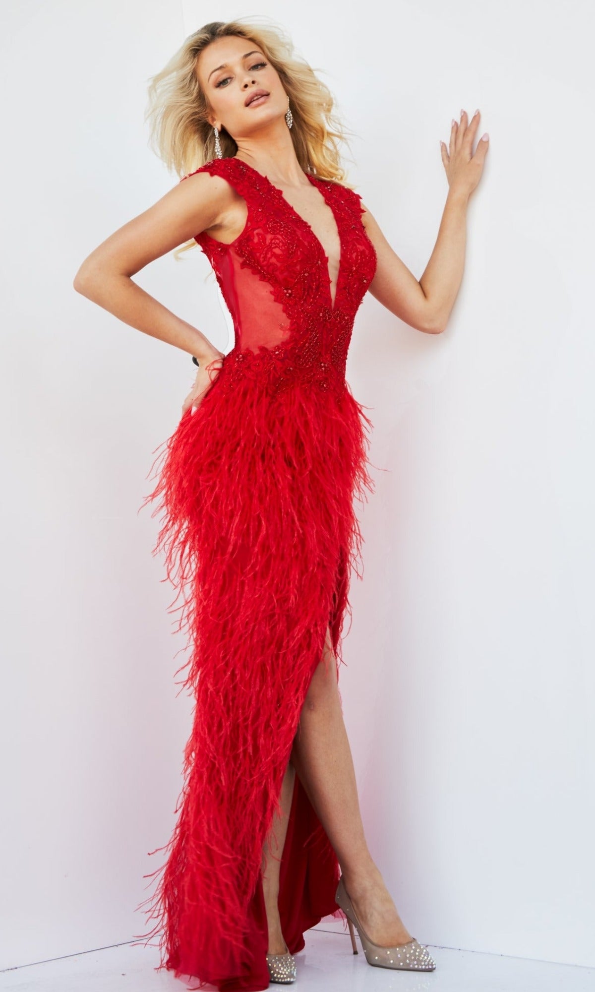 Long Sheer-Bodice Feather Prom Dress by Jovani