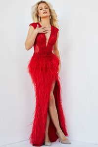 Long Sheer-Bodice Feather Prom Dress by Jovani
