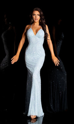 A woman poses in the Aleta Empire-Waist Long Sequin-Print Prom Dress, a fitted light blue gown with a plunging neckline and sparkling beadwork, set against a black background.