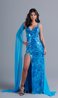 PromGirl Long Sequin Prom Dress with Capes