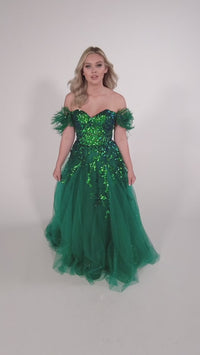 Ellie Wilde Feather Off-Shoulder Prom Ball Gown