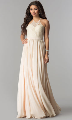 A woman stands against a plain grey background wearing the High-Neck Lace-Bodice Long Chiffon Prom Dress, featuring a sleeveless design, light cream color, lace bodice, and flowing floor-length skirt.