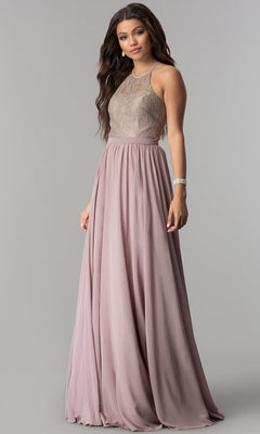 A woman models the High-Neck Lace-Bodice Long Chiffon Prom Dress, a sleeveless mauve evening gown with lace bodice and flowing skirt—an affordable formal dress ideal for special occasions, shown against a gray background.