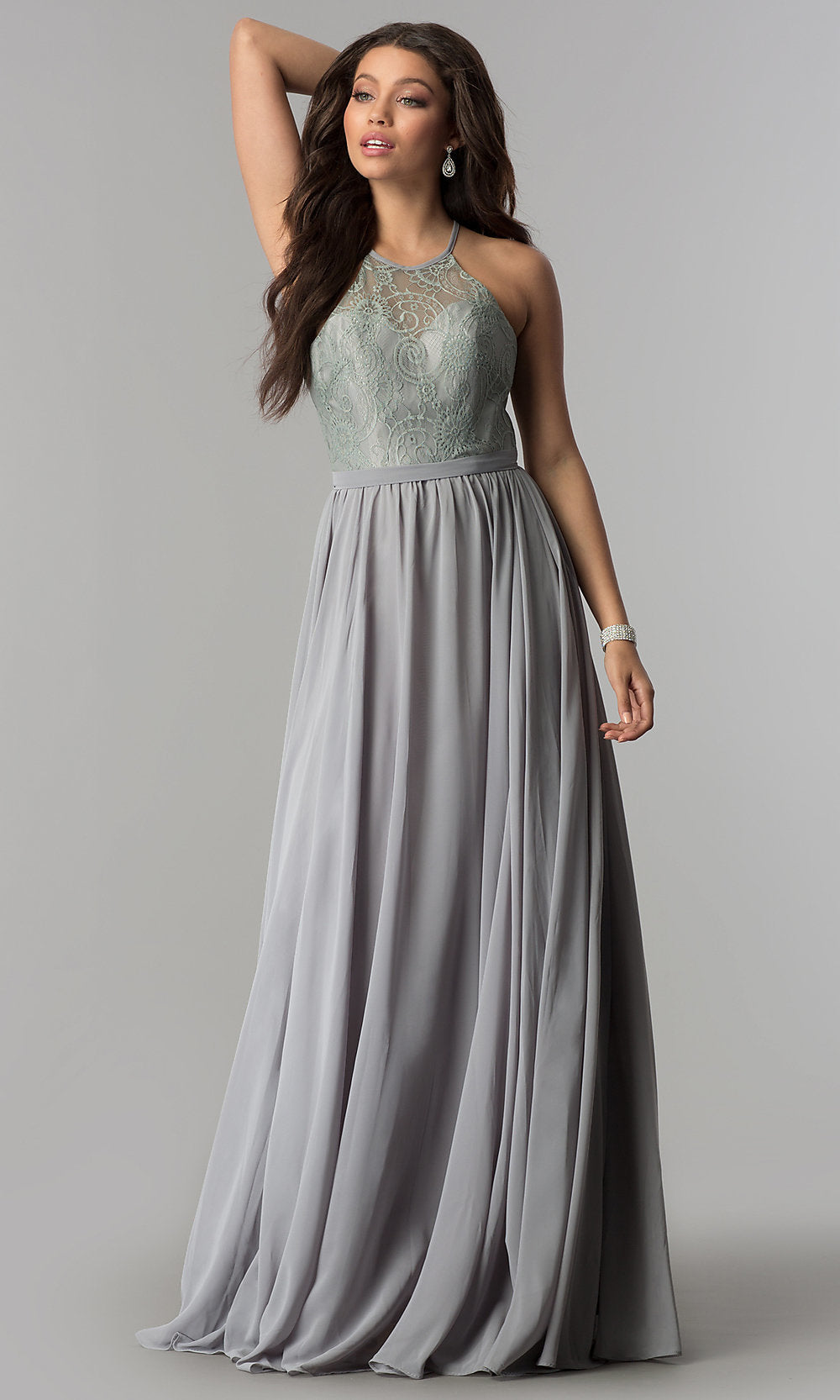 A woman models the High-Neck Lace-Bodice Long Chiffon Prom Dress, showcasing its elegant sleeveless lace bodice and flowing chiffon skirt against a plain background.