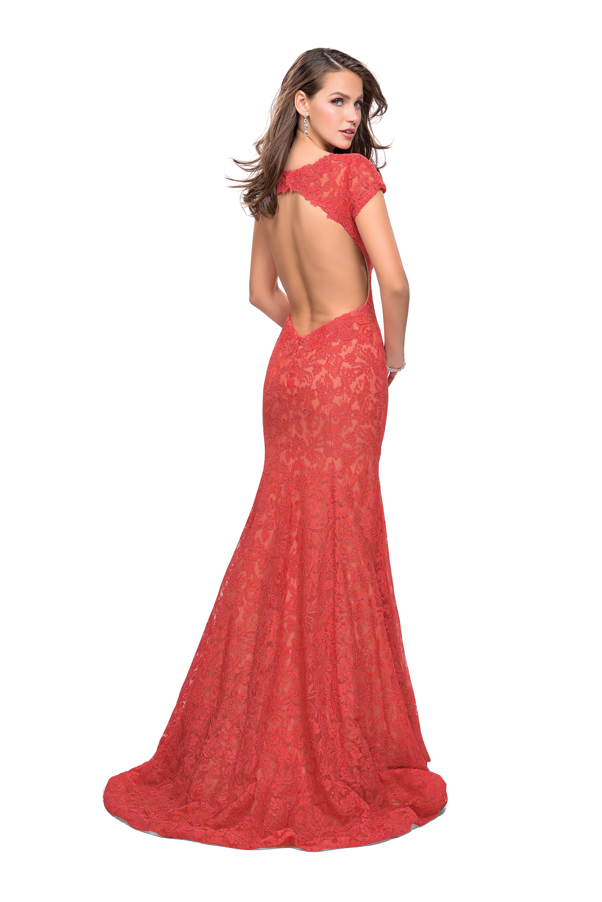 La Femme Long Lace Mermaid Prom Dress