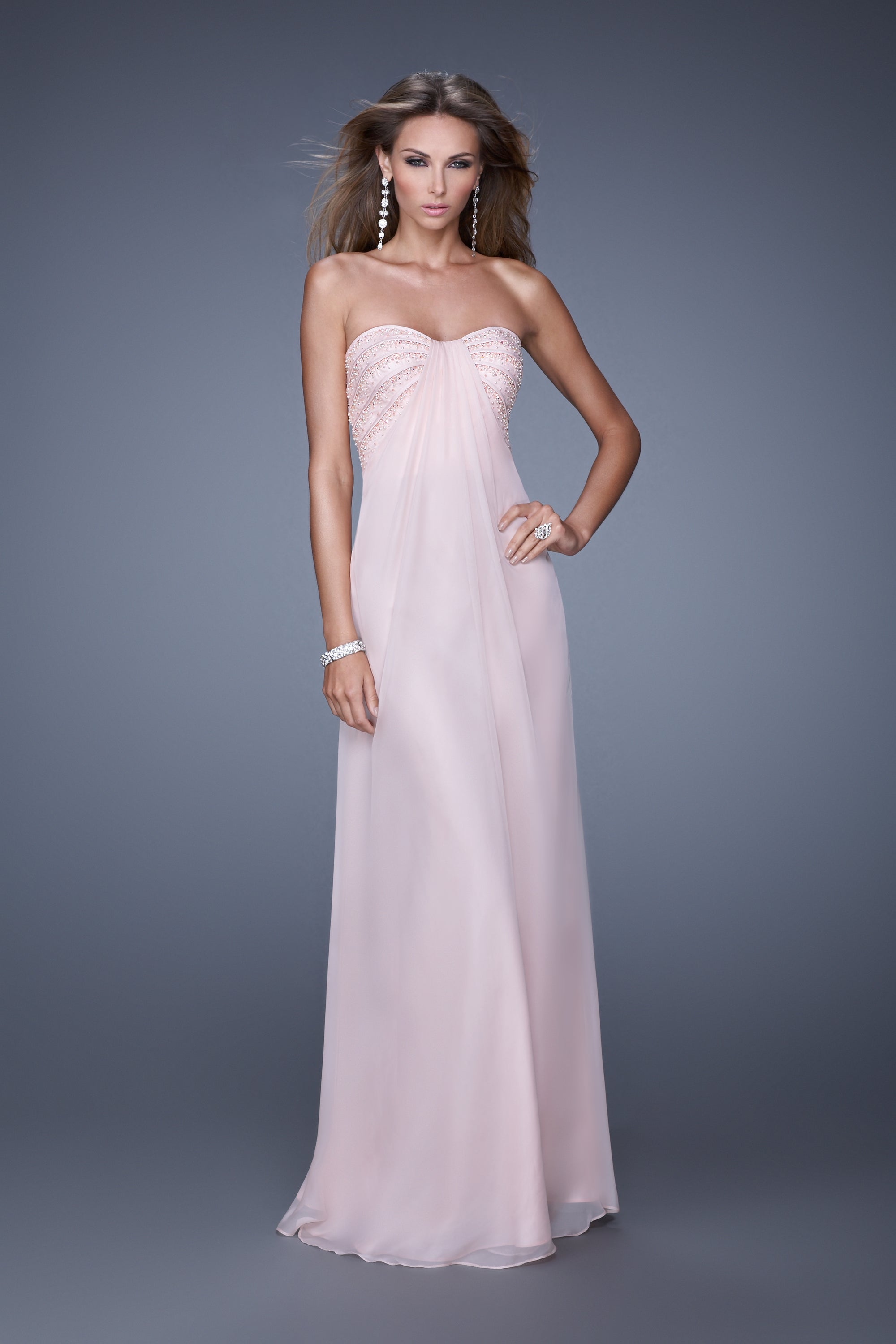 La Femme Strapless Long Prom Dress with Pearls