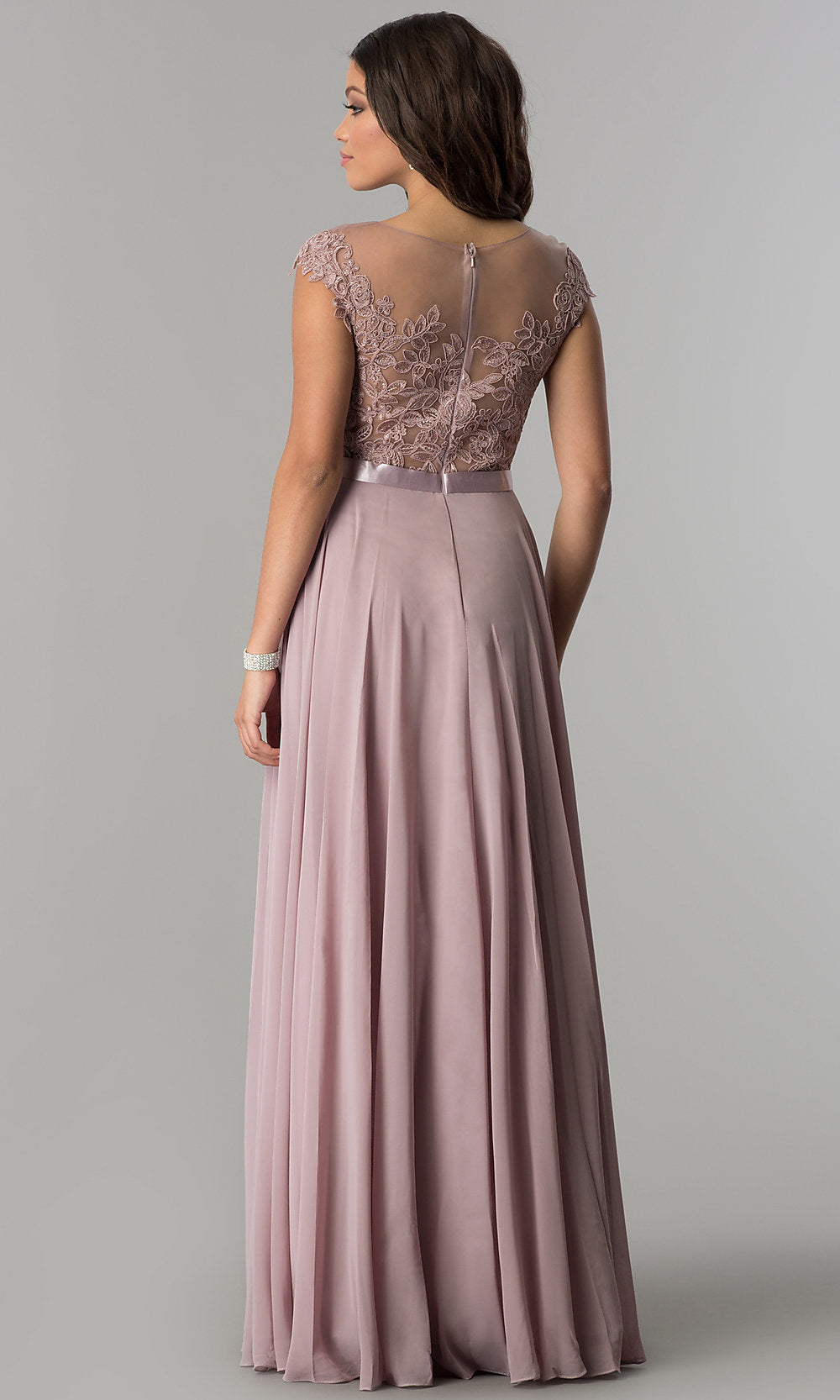 Long Embroidered-Bodice Cap-Sleeve Chiffon Prom Dress Mocha / XSmall