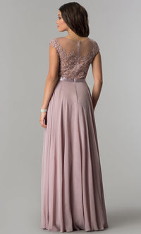 Long Embroidered-Bodice Cap-Sleeve Chiffon Prom Dress