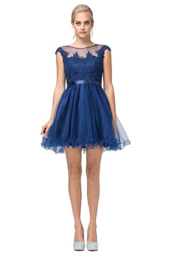 A woman in a Lace-Applique-Bodice Short Homecoming Dress with an embroidered lace bodice, tulle skirt, and cap sleeves pairs it with silver heels while standing against a white background.