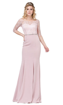A woman stands against a white background wearing the Three-Quarter-Sleeve Lace-Bodice Long Prom Dress, which features a floor-length light pink skirt and lace sleeves with a fitted lace bodice.