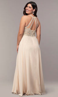 Long Chiffon Embroidered-Bodice Prom Dress