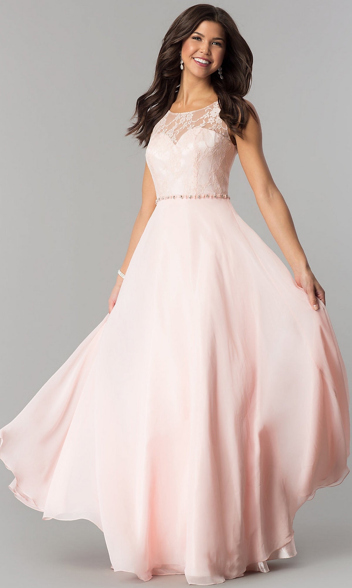 Lace-Bodice Long Chiffon Illusion-Neck Prom Dress