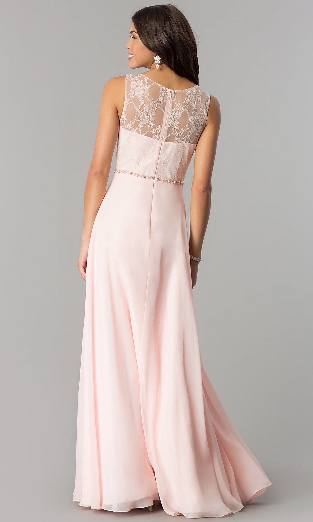 Lace-Bodice Long Chiffon Illusion-Neck Prom Dress