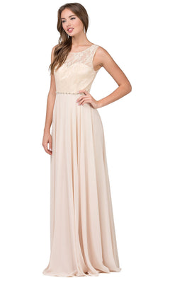 Woman wearing the Lace-Bodice Long Chiffon Illusion-Neck Prom Dress, a sleeveless, floor-length gown with a lace bodice and flowing chiffon skirt, standing with one hand on her hip.