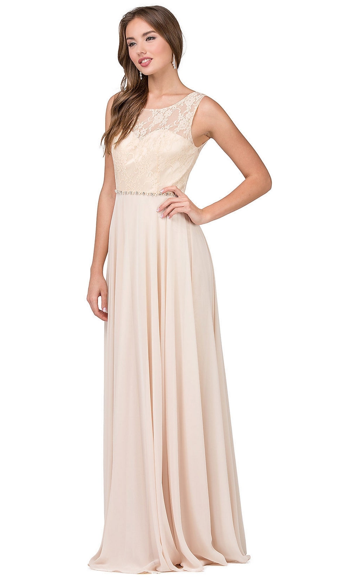 Lace-Bodice Long Chiffon Illusion-Neck Prom Dress