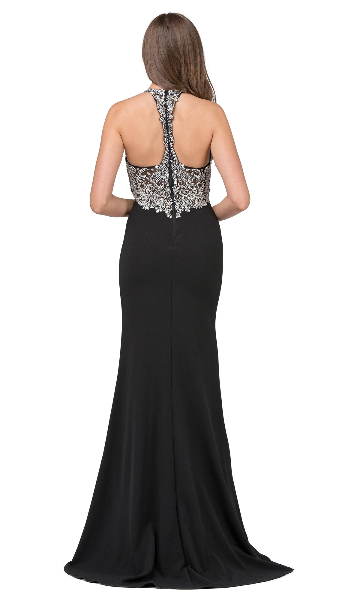 Beaded-Bodice Long Prom Dress with T-Back