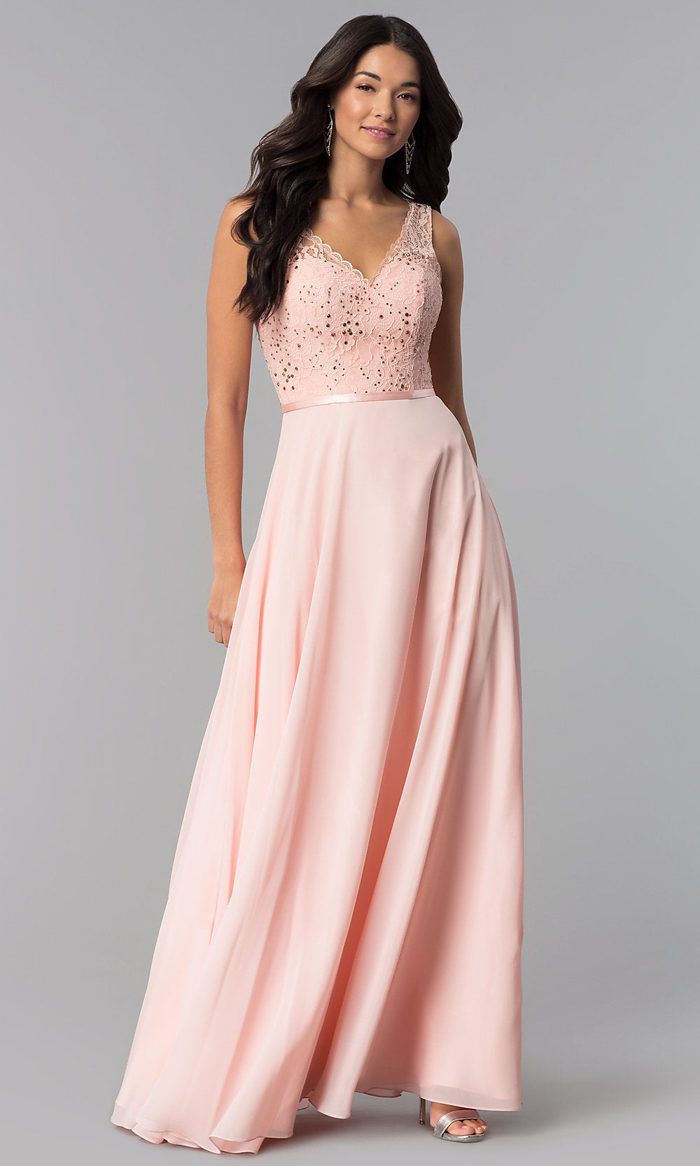 V-Neck Sleeveless Lace-Bodice Long Prom Dress