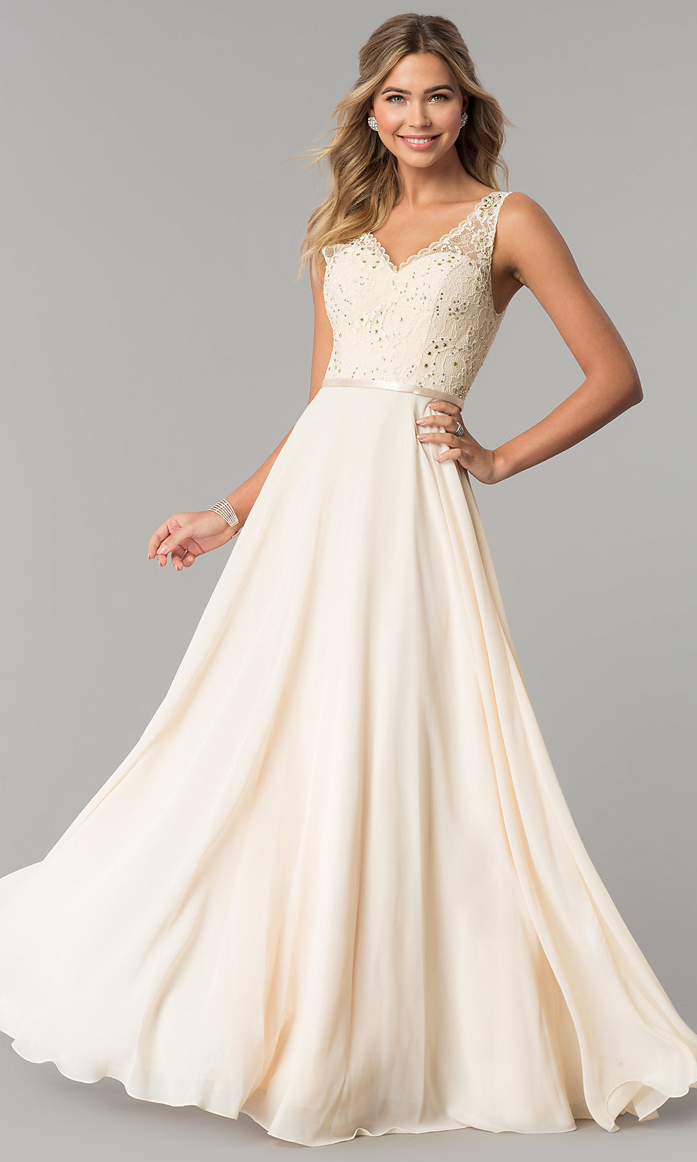 Embellished-Lace-Bodice Long Prom Dress