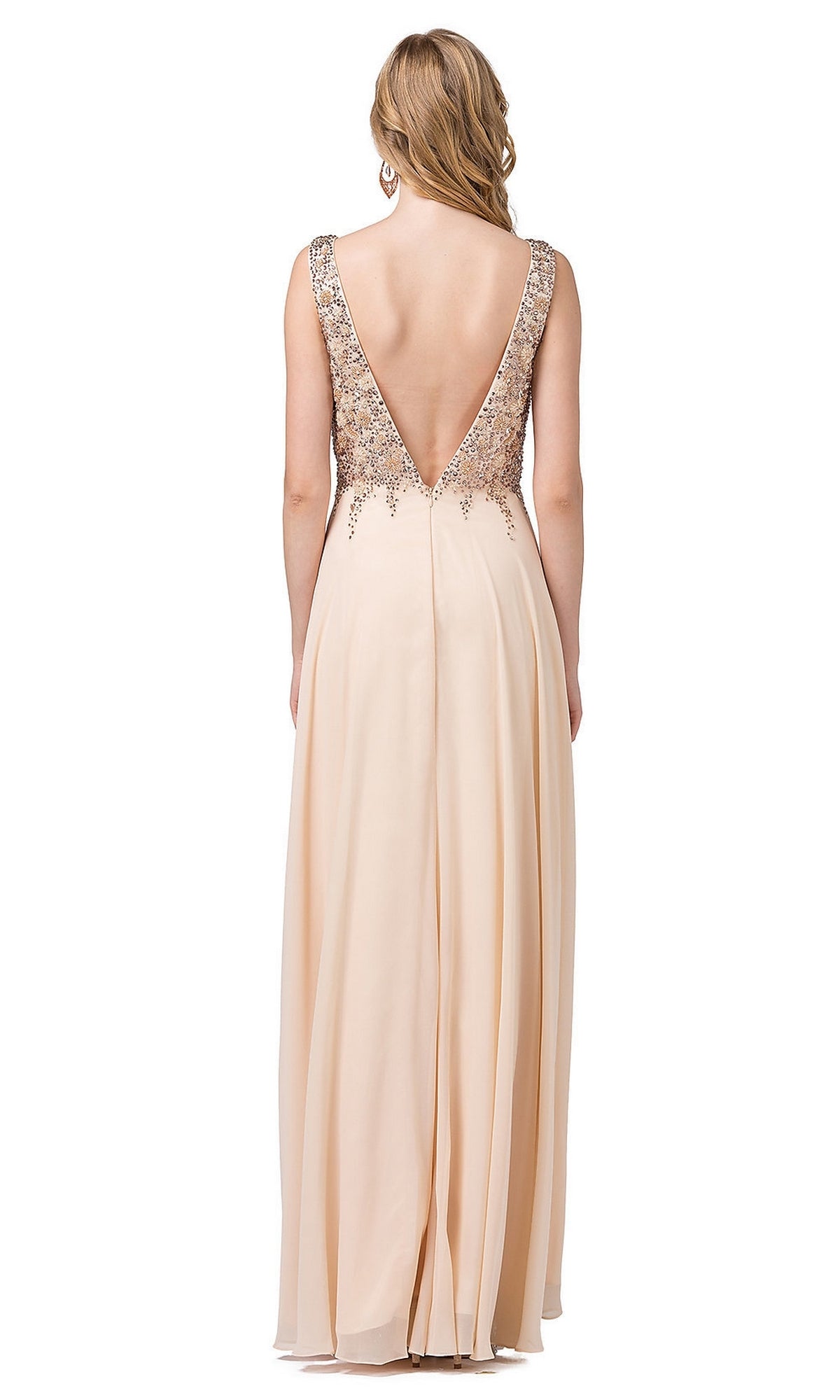 A woman faces away in a Champagne Long Beaded V-Neck Formal Dress, featuring a sleeveless beaded bodice, deep V-back, and elegant A-line silhouette.