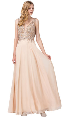 A woman wears the Champagne Long Beaded V-Neck Formal Dress, featuring a sleeveless beaded bodice, deep V-neck, and floor-length a-line skirt, as she holds one side of the elegant champagne gown.
