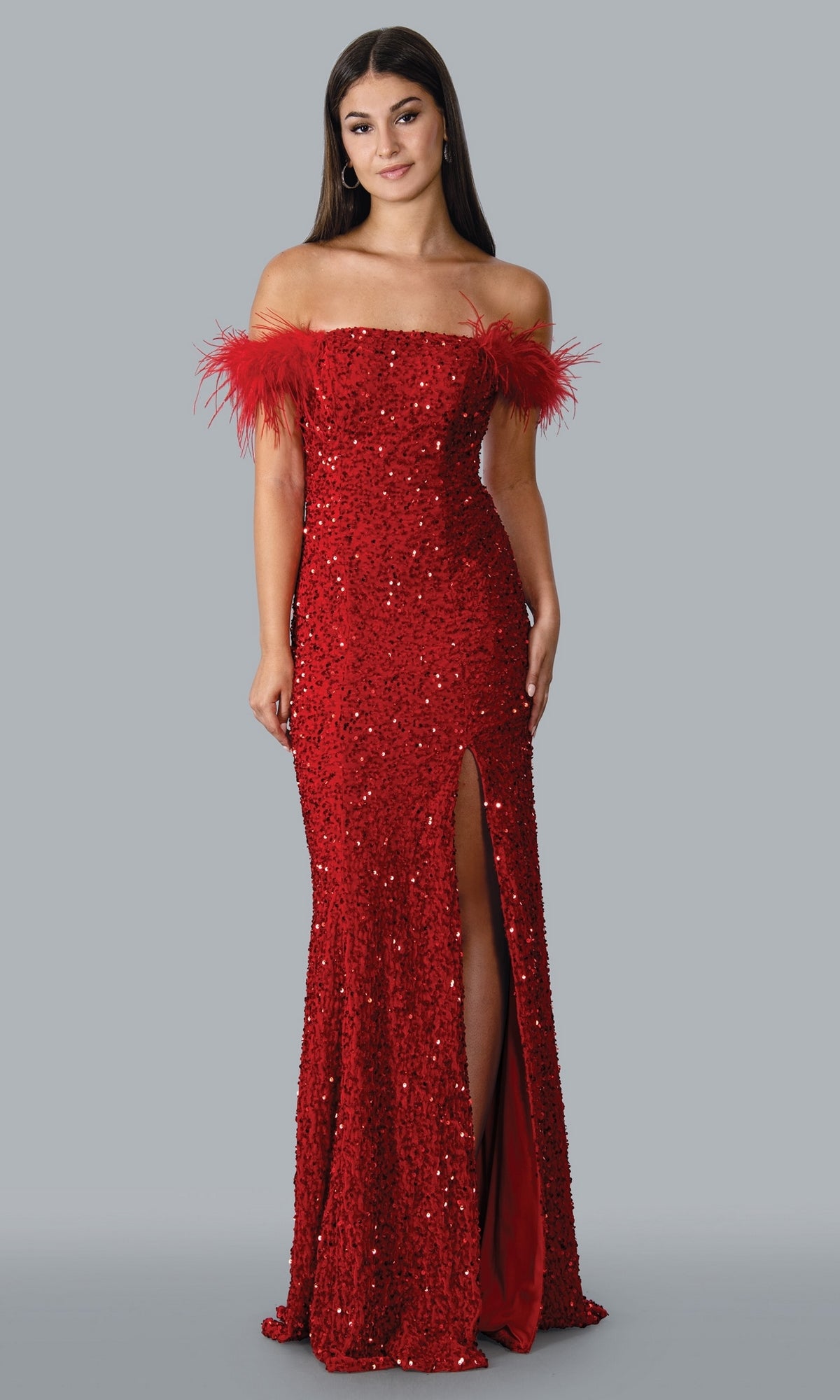 Feathered Off-Shoulder Long Sequin Prom Gown -PromGirl