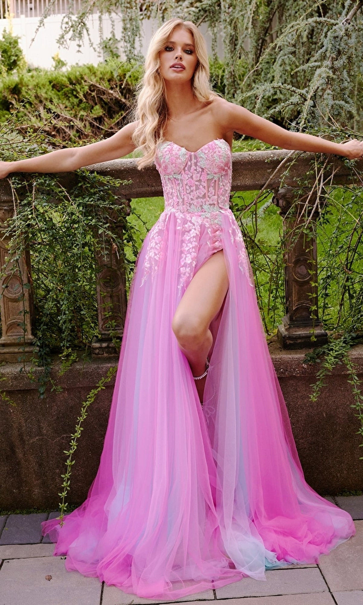 Jovani Sheer-Corset Prom Dress with Floral Embroidery