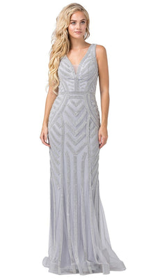A woman stands against a plain white background wearing the Bead-Striped Long Formal Dress, a floor-length, sleeveless silver gown with geometric bead detailing.
