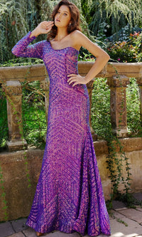 Jovani Violet Purple Prom Dress with One Long Sleeve