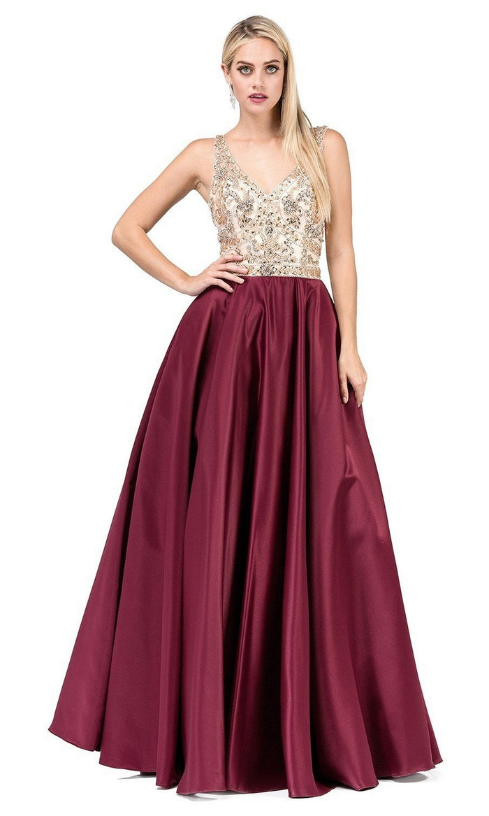 Beaded-Bodice Long Prom Ball Gown with Pockets