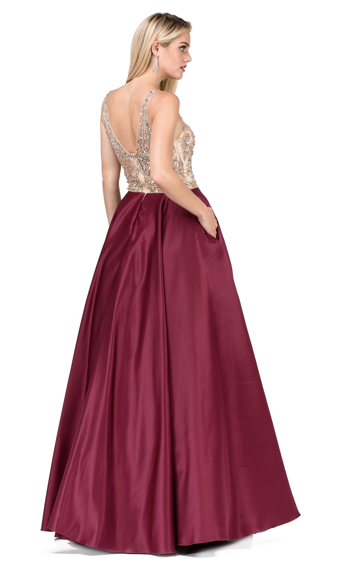 Beaded-Bodice Long Prom Ball Gown with Pockets
