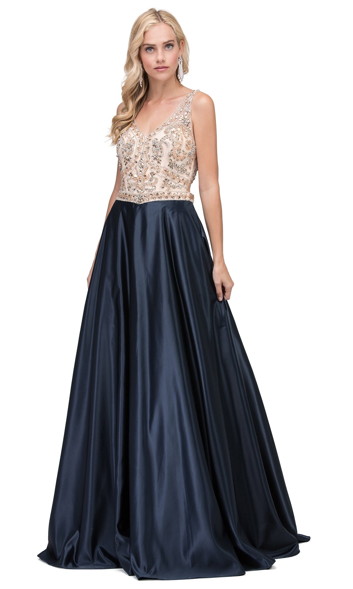Beaded-Bodice Long Prom Ball Gown with Pockets