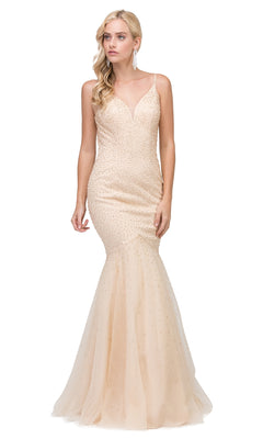 A woman stands against a plain white background wearing the Beaded Long Mermaid Prom Dress—a fitted, sleeveless, light beige evening gown with a V-neckline and subtle embellishments.